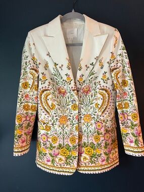 White Floral Embroidered Blazer Jacket - Women's